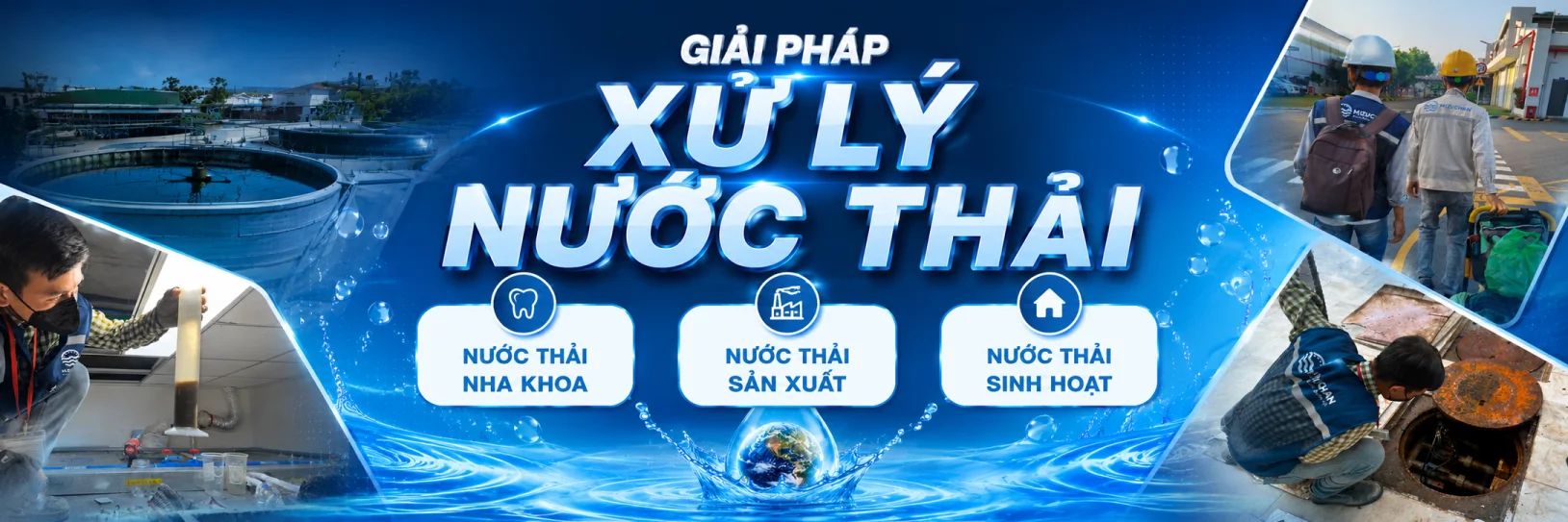 Banner xử lý nước thải bởi các giải pháp, nha khoa, sản xuất, sinh hoạt